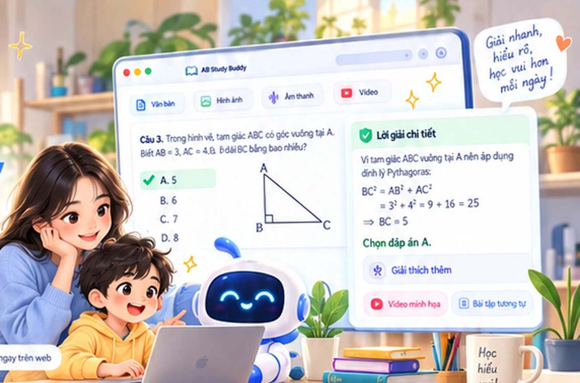 Minh họa phụ huynh cùng con học bên cạnh trợ lý AB Study Buddy, với câu hỏi và lời giải trên màn hình